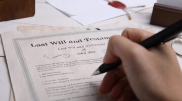 A person signing a will.