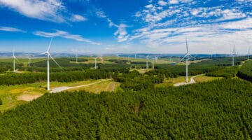 Aerial photo of wind turbines surrounded by woods in Wales, UK