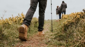 A group of people walking along a hiking trail.
